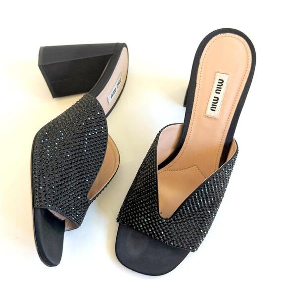 Miu Miu black Satin Leather Crystal embellished high heel slip on mules EU 40 - Picture 2 of 10